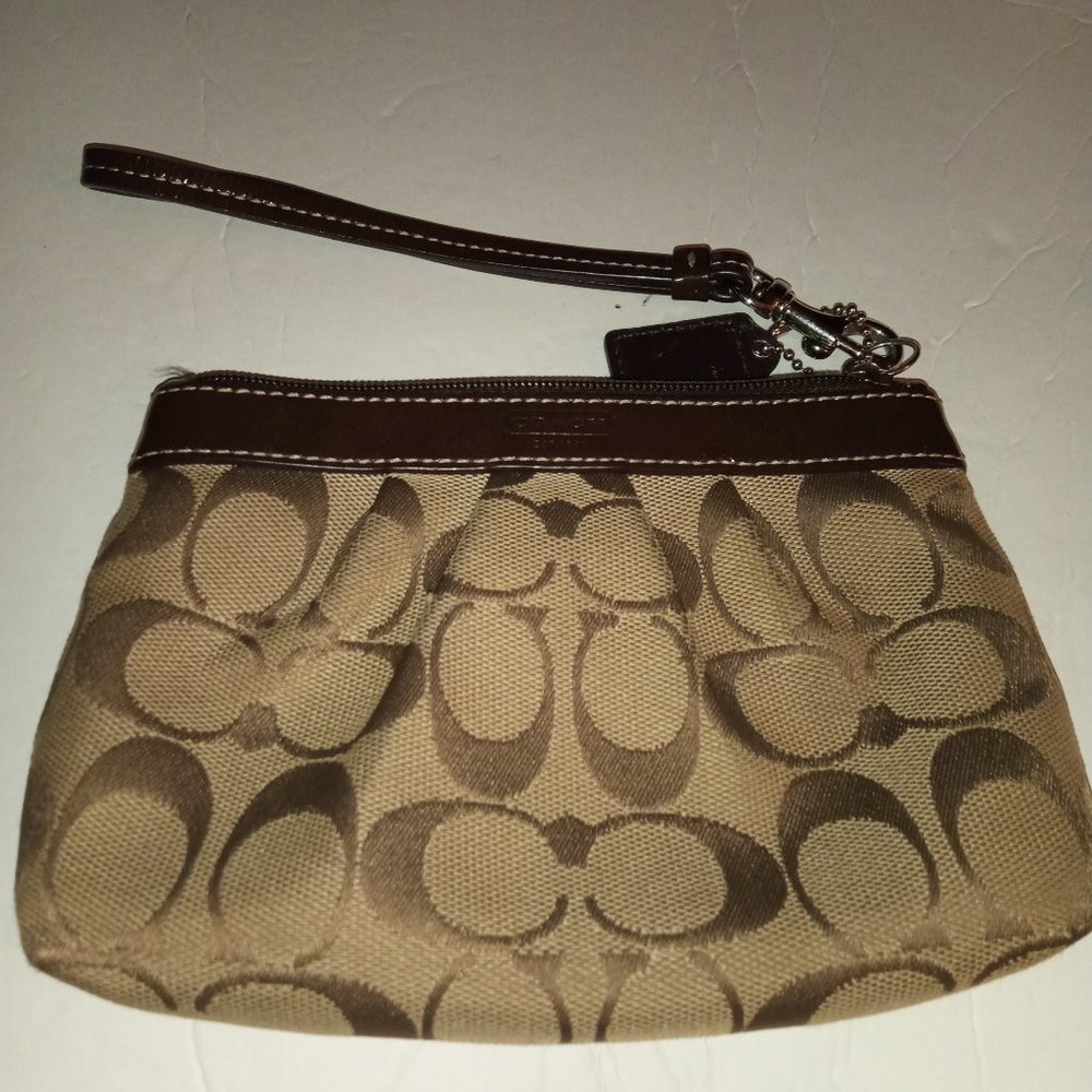 Coach Signature Cs Tan and Brown canvas edged in brown patent leather wristlet